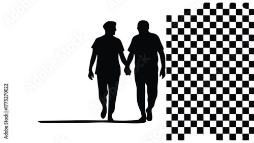 Silhouette of Two Men Holding Hands Next to Checkerboard Pattern