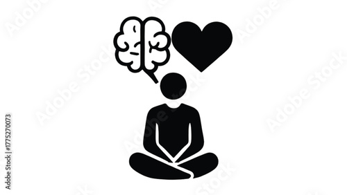 Solid Silhouette of Person Meditating with Brain and Heart Icons