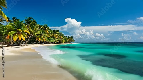 Tropical beach paradise with palm trees, turquoise water and white sand creating a serene getaway