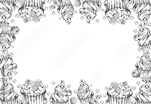 Vector ink cupcake topped with ripe raspberries and blueberries, candy dragee icing over souffle swirl. Hand drawn isolated border artwork. Patisserie brand visuals, recipe book spreads, scrapbooking.