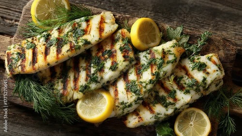 Close Up Overhead Shot Of Grilled Calamari Steaks With Lemon Slices And Fresh Dill Garnishes On A Rustic Wooden Board