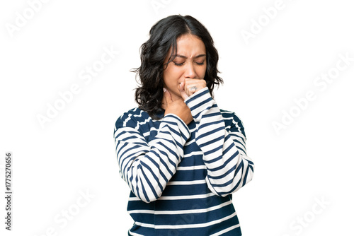 Young Argentinian woman over isolated background is suffering with cough and feeling bad