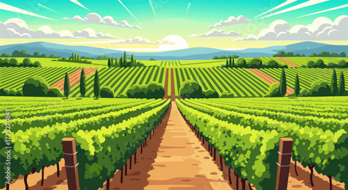 Expansive vineyard landscape illustration featuring lush green grapevines in neat rows under a vibrant sky, evoking serene nature and agricultural bounty