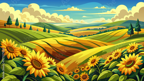 Very beautiful rolling hills of sunflowers in Kansas, USA, with abundant golden yellow blossoms stretching across the landscape under a bright sunny sky, creating a vibrant and cheerful scene.