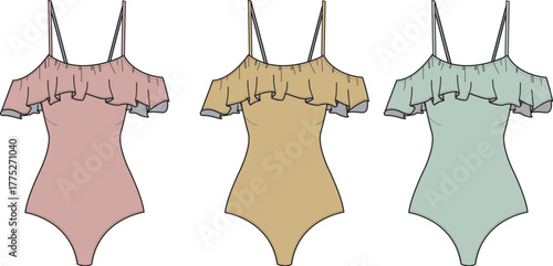 Fashion technical flat sketch of a women's one-piece swimsuit with an off-the-shoulder ruffle flounce. Vector illustration set of summer beachwear in pastel colors