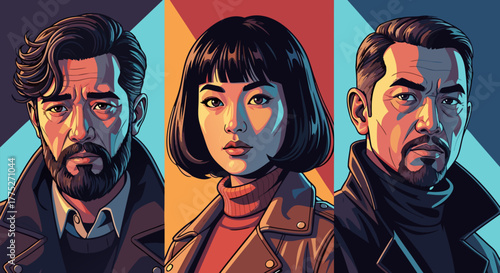 Three Individuals Facing Forward with Distinct Features and Stylized Portraits