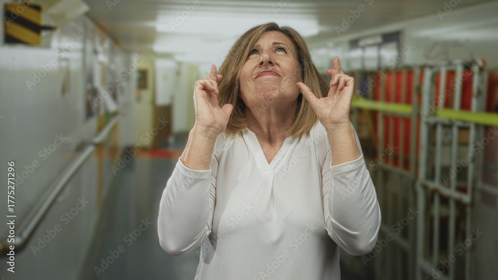 Fototapeta premium Woman crossing fingers in building corridor illuminated by fluorescent lights; hope resilience positivity determination.