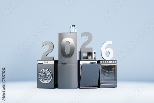 Realistic mockup of a washing machine, dishwasher, stove and refrigerator  and  Happy new year 2026  on a  blue  background. 3d Household appliances for household chores.