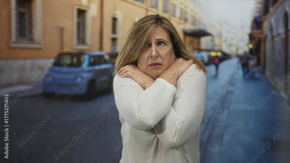 Fototapeta premium Woman clutch chest in white blouse on narrow cobblestone street lined with parked cars and historic buildings; panic.