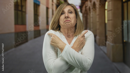 Photos Caucasian middle age woman frowning with crossed arms in x shape on deserted narrow old town street; denial