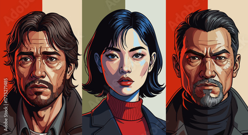 Dynamic trio of illustrated character portraits in a vintage comic art style, featuring diverse, determined individuals with intense expressions