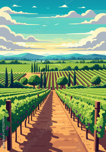 Vineyard Landscape Illustration with Rows of Grapevines and Tuscan Trees and Hills