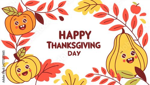 Festive Thanksgiving layout with decorative border of pumpkins, orange leaves, red berries, and fall fruits surrounding Happy Thanksgiving Day typography — flat lay style, rich harvest colors