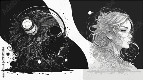 Two varied illustrations of a woman's head, highlighting unique artistic interpretations and features