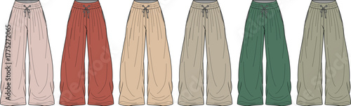 Collection of six pairs of wide-leg pants in various earthy and pastel tones on a white background