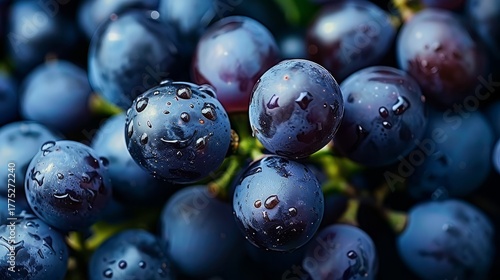 Wallpaper Mural Close-up of Fresh Wet Grapes with Water Droplets on Skin, Studio Shot, Dark Blue and Purple Tones, Healthy Fruit Torontodigital.ca