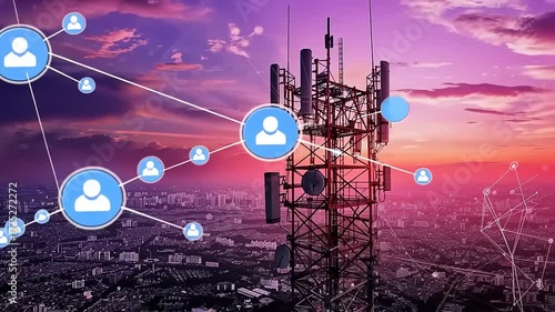 Communication tower with networking connection, digital connectivity technology concept