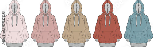 Collection of oversized hoodie sweatshirt fashion flat vector templates in various colors for apparel design and tech packs