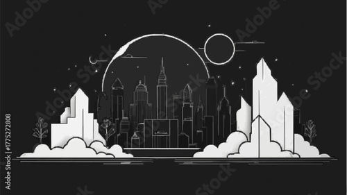 Vector illustration of city architecture and church castle silhouette art under a night sky