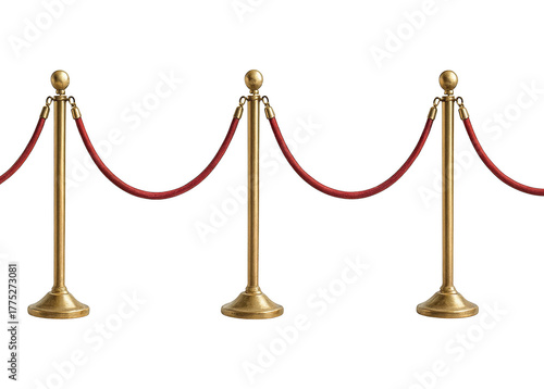 Elegant golden stanchions with red velvet ropes creating a barrier on a black background