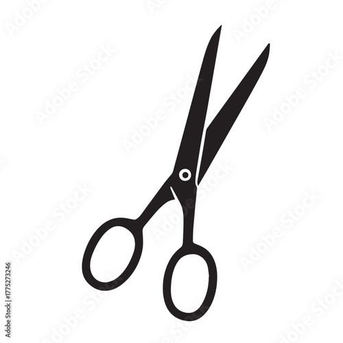 Black silhouette of open scissors with sharp blades and finger holes, ideal for icons or tool-themed designs.