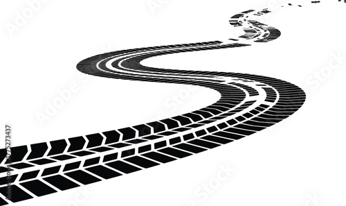 Curving tire track imprint on a white background abstract graphic