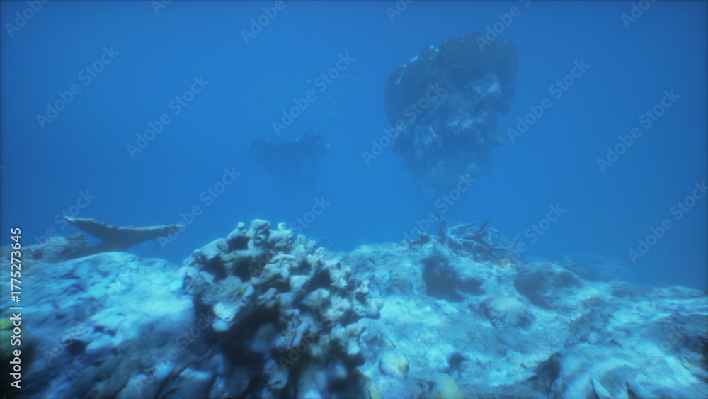 Fototapeta premium Swimmers glide through clear blue waters, discovering colorful coral reefs and diverse ocean creatures. The suns rays create enchanting patterns, enhancing the serene ocean depths.