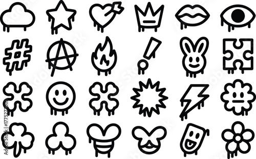 Hand-drawn drip icons set: cloud, star, heart, crown, lips, eye, hash