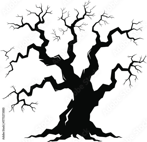 Silhouette of a gnarled, barren tree with twisted branches, spooky