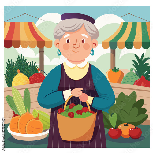 Friendly elderly farmer woman holding a basket of fresh produce at a market stall isolated on white background isolated on transparent background