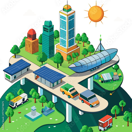 Futuristic eco friendly city with solar powered buildings and vehicles isolated on transparent background isolated on white background
