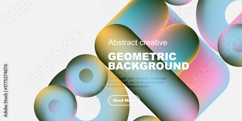 Abstract shapes overlap, creating vibrant geometric background. Text includes geometric background, plus sample lorem ipsum text. Button reads read more.