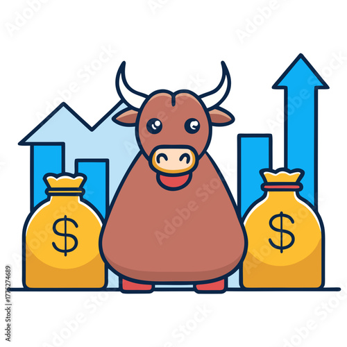 Cartoon bull with money bags and upward trending graph isolated on white background isolated on transparent background