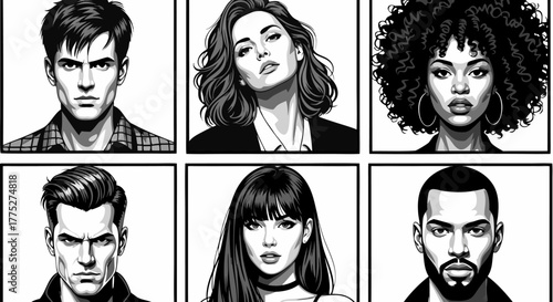 Collection of six striking black and white portrait illustrations of diverse individuals, capturing distinct facial features and expressions, presented in a grid format