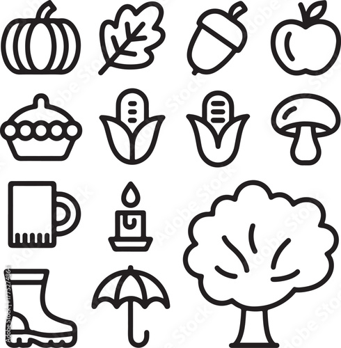 Autumn Harvest and Fall Season Icons Keywords: pumpkin, leaf, acorn, apple, pie, corn, mushroom