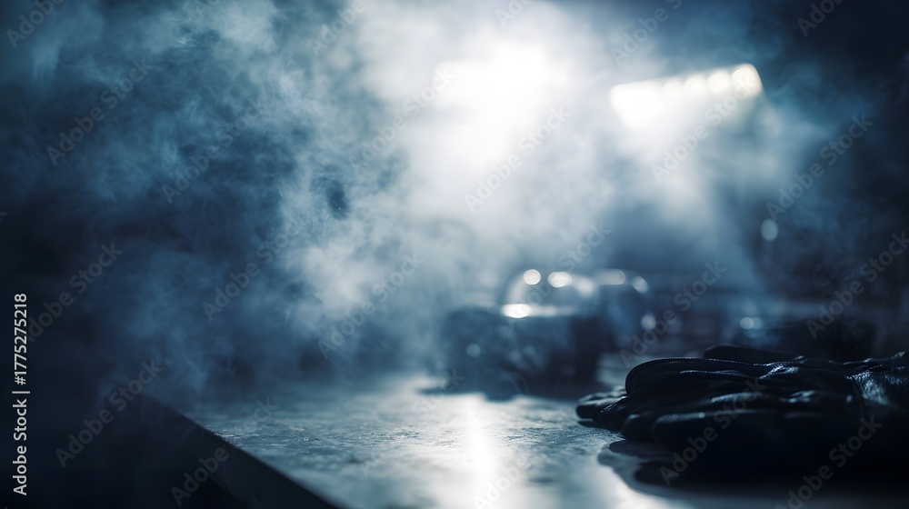 Obraz premium Atmospheric industrial studio with smoke gloves and dramatic lighting