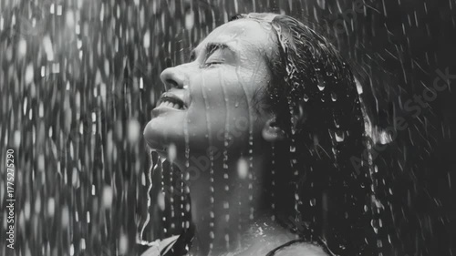 Woman enjoying refreshing rain on face, black and white portrait of female standing under water droplets, serene emotion of happiness freedom and mindfulness, beauty wellness and nature connection con