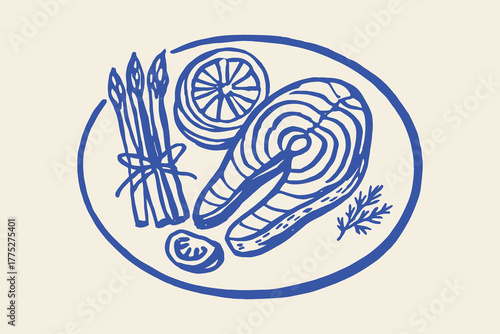 Salmon steak with asparagus, naive sketch vector illustration