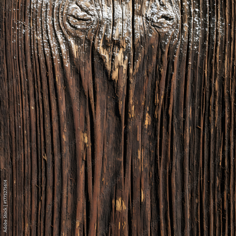 Fototapeta premium Wood texture, Dark wood, Aged wood, Weathered, Grain, Rustic, Vintage, Grunge, Timber, Plank, Brown, Organic texture, Knots, Cracked wood, Vertical lines, Fiber, Hardwood, Close-up, Background, Abstra
