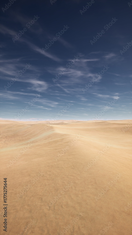 Naklejka premium Golden sand dunes roll across the horizon under a bright blue sky. The sun shines intensely, casting soft shadows on the undulating terrain. A serene, isolated atmosphere prevails.