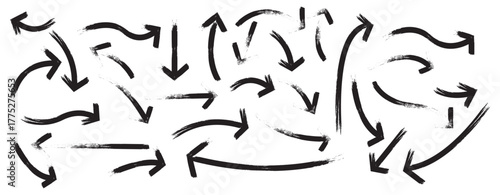 Set of black hand drawn grunge doodle arrow. Brush, marker drawn bold arrows. Hand drawn vector direction pointers. 