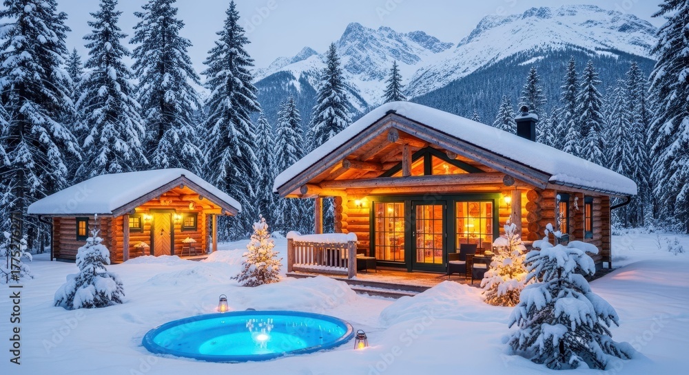 Fototapeta premium Winter Lodge in Snowy Serenity: Illuminated cabins nestled amidst snow-covered evergreen trees, mountains, and a peaceful pool in a serene winter landscape. Evoking a sense of warmth, peace.