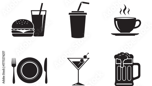 Black food and drink icons arranged neatly on transparent background silhouette