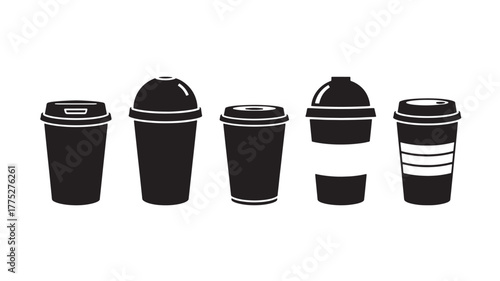 Five black coffee cups in a row on transparent background silhouette