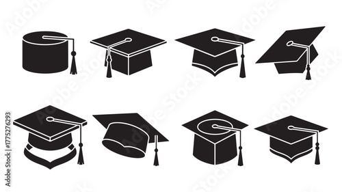 Collection of graduation caps in various styles on transparent background silhouette