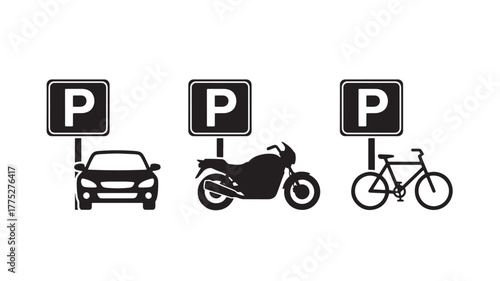 Parking signs with vehicle silhouettes car motorcycle and bicycle on transparent background