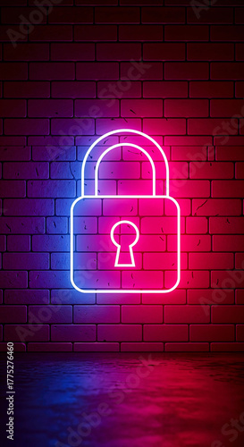 Neon Padlock Illustration in Pink and Blue Glowing Against Dark Brick Wall Highlighting Cybersecurity and Modern Protection Themes
