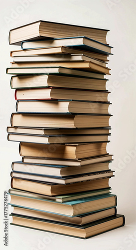 Tall Stack of Hardcover Books in Varied Sizes and Colors Arranged in Leaning Pile Against Neutral Background Highlighting Study and Collection Themes
