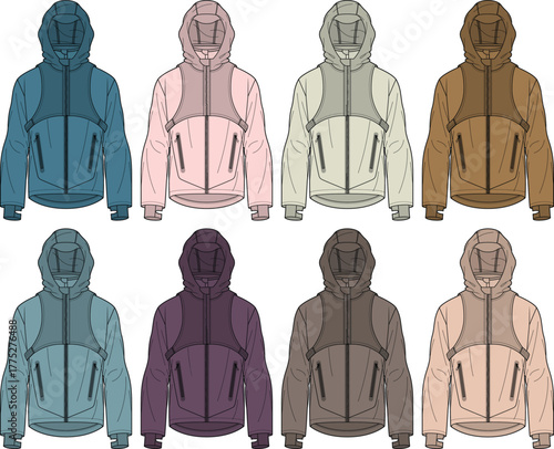 Versatile collection of stylish hooded jackets in a variety of modern colors, perfect for outdoor activities, casual wear, and fashion apparel design concepts