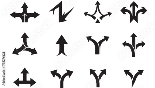 Collection of various black arrow icons directional signs on transparent background silhouette